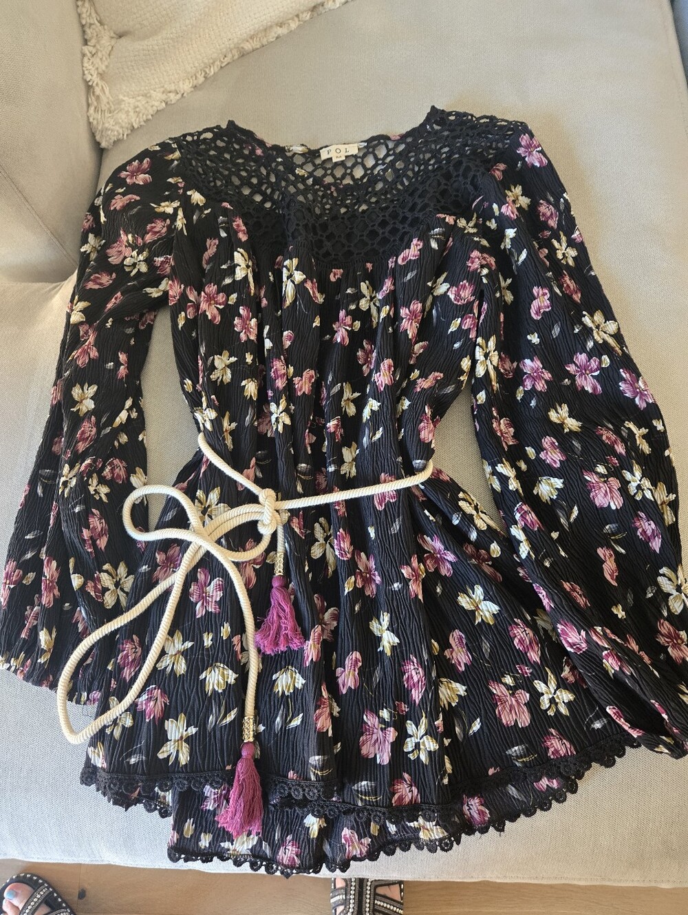POL Black Crochet Overlay Dress Or Top with Floral Trim. Rope Belt With Tassels